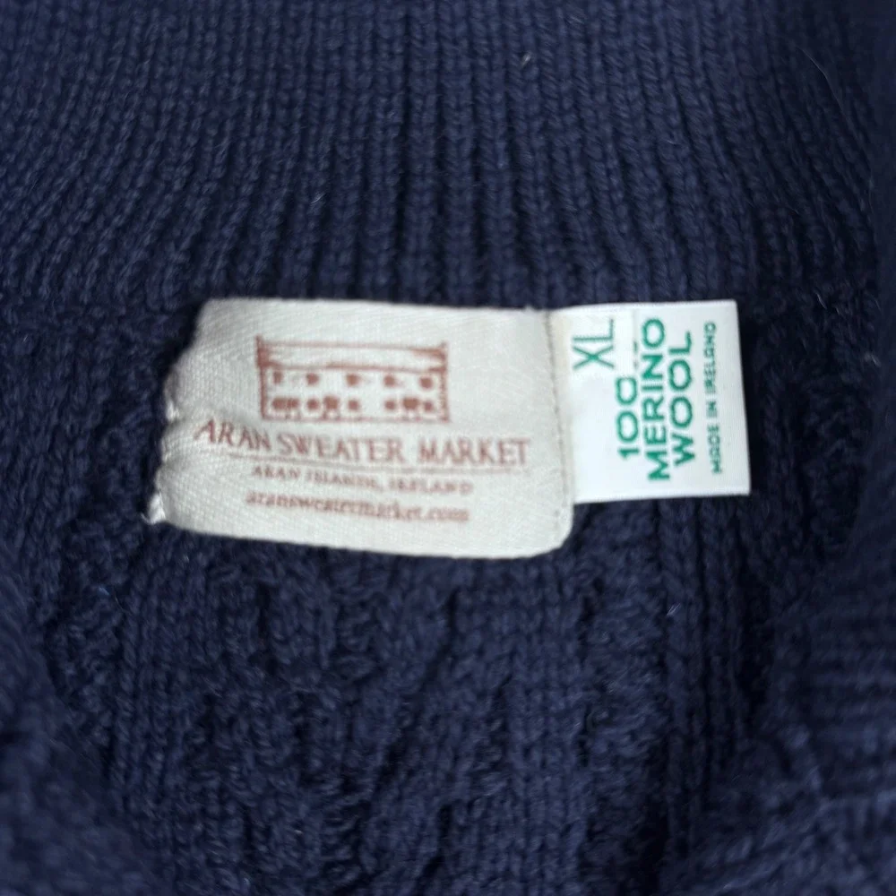 Aran Sweater Market XL Navy Blue 100% Wool Fisherman Cable Knit 1/4 Zip Ireland